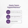 The Oasis TEARS Hypochlorous Eyelid and Lash Cleansing Spray (55mL) by Oasis Medical features 0.012% hypochlorous in a gentle, daily formula. Its vibrant purple icons highlight its antimicrobial properties and focus on eyelid hygiene.