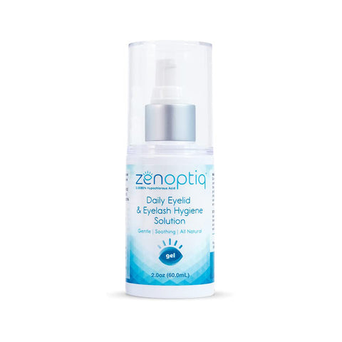 ZenOptiq Hypochlorous Acid Spray (60 mL) by Opus Life Sciences features a white label with blue and silver accents. Its an effective eyelid cleanser for blepharitis relief, both a daily eyelid and eyelash hygiene solution.