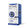 The Optase Comfort Dry Eye Spray box, in white with blue eye graphics, highlights its preservative-free formula, 300 doses, and relief for dry eyes. Blue accents emphasize tear film stability support and suitability for irritated eyes.
