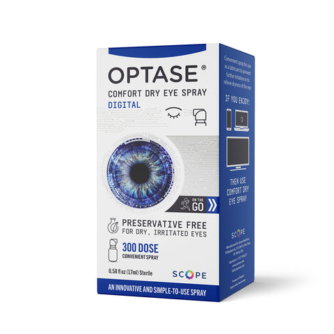 The Optase Comfort Dry Eye Spray box, in white with blue eye graphics, highlights its preservative-free formula, 300 doses, and relief for dry eyes. Blue accents emphasize tear film stability support and suitability for irritated eyes.