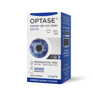 The Optase Comfort Dry Eye Spray box, in white with blue eye graphics, highlights its preservative-free formula, 300 doses, and relief for dry eyes. Blue accents emphasize tear film stability support and suitability for irritated eyes.