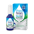 A 2 fl oz spray bottle of TheraTears SteriLid Antimicrobial Eyelid Cleanser is displayed with its box. The blue and white label emphasizes ocular health benefits from hypochlorous acid, perfect for dry, irritated eyes and gentle on eyelids. The box states its Created by Doctor.