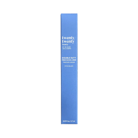 A tall, blue rectangular box with white text reveals its promise: Twenty Twenty Double Duty Precision Eyeliner (Pitch Black). Ophthalmologist-tested for safety, it enhances fuller-looking lashes. The bottom text indicates volume: 2.7 mL.