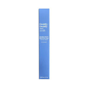 A tall, blue rectangular box with white text reveals its promise: Twenty Twenty Double Duty Precision Eyeliner (Pitch Black). Ophthalmologist-tested for safety, it enhances fuller-looking lashes. The bottom text indicates volume: 2.7 mL.