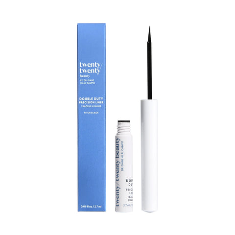 A blue box labeled Twenty Twenty sits beside an open white eyeliner tube. The thin black brush is from the Twenty Twenty Double Duty Precision Eyeliner (Pitch Black) 2.7mL, featuring an ophthalmologist-tested formula for fuller-looking lashes.