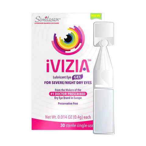 Theas iVIZIA Lubricant Eye Gel delivers preservative-free nighttime relief for severe dry eyes. It comes in a box of 30 sterile single-use vials, featuring a vibrant eye illustration on the packaging.