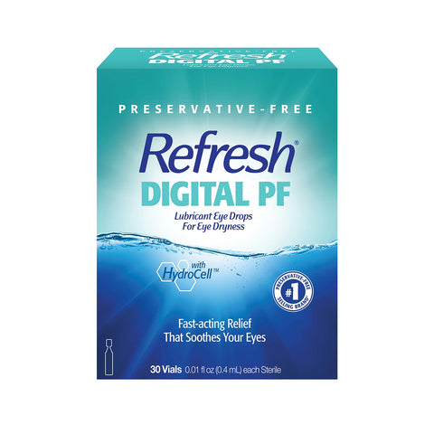 Refresh Digital Preservative Free by Abbvie comes in green and blue packaging, featuring Fast-acting Relief That Soothes Your Eyes for digital strain. The box includes 30 vials with the HydroCell logo.