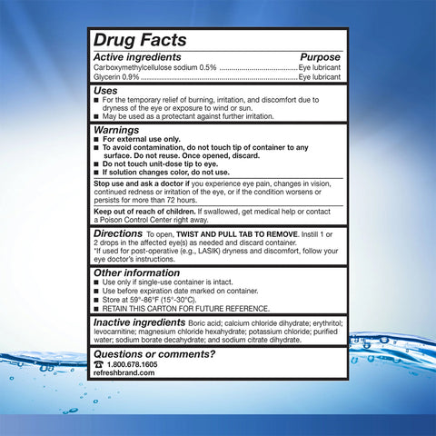 The image shows the Drug Facts label for Refresh Optive Lubricant Preservative Free Eye Drops by Abbvie, featuring dry eye relief with HydroCell™ technology. It lists active and inactive ingredients, warnings, directions, a customer service number, and a blue gradient background with water droplets.