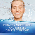A smiling person with closed eyes is splashed with water, evoking refreshment. Below, the text reads: Refresh Optive Lubricant Preservative-Free Eye Drops by Abbvie instantly moisturizes and relieves dry eye symptoms, with HydroCell™ technology set against a blue gradient background.