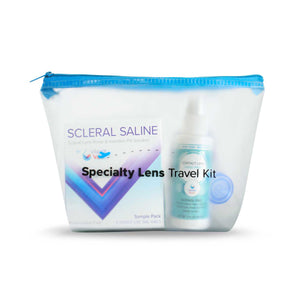 The Vibrant Vue Specialty Lens Starter Travel Kit by Visionary Optics includes a clear pouch with blue zipper containing a scleral saline solution box, small saline bottle, and lens case, ideal for scleral lenses.