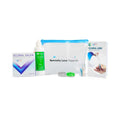 The Vibrant Vue Specialty Lens Starter Travel Kit by Visionary Optics includes saline solution, a contact lens case, Ezi Lens Applicator, a Scleral Saline packet in a clear pouch, and a care guide.