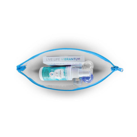 The Vibrant Vue Specialty Lens Starter Travel Kit by Visionary Optics includes a transparent zipper bag with a spray bottle, small container, and a card saying LIVE LIFE VIBRANTLY! It features a blue zipper against a white background, ideal for organizing your scleral saline solution.