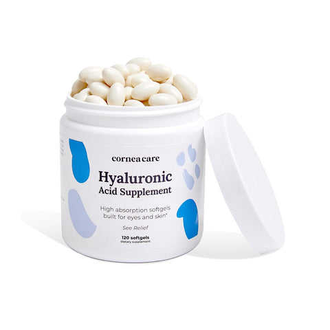 The CorneaCare Hyaluronic Acid Supplement for Eyes and Skin features a blue and grey white container with oval white softgels and a lid nearby, highlighting its 120 anti-aging softgels that support eye health.