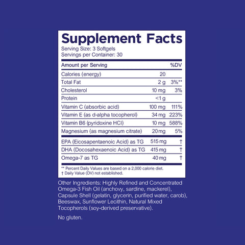 A blue supplement facts label for Heyedrate Omega 3 For Eye Health by PRN details a serving size of 3 softgels, listing calories, fat, cholesterol, protein, vitamins, minerals, and ingredients. It notes No gluten and is ideal for supporting tear production.