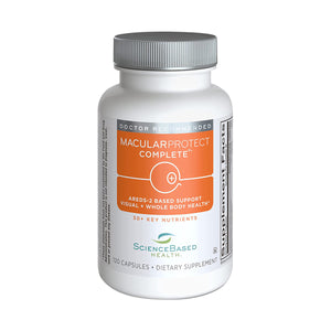 The white bottle of MacularProtect Complete AREDS2 Formula for Macula and Whole Body Health by ScienceBased Health contains 120 capsules, featuring an AREDS2 formula with over 30 key nutrients for vision and overall health.