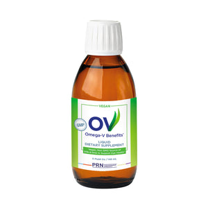 The PRN Omega-V Benefits Liquid (5 oz) by PRN - Physician Recommended Nutriceuticals is a vegan dietary supplement featuring algae oil, labeled as non-GMO, gluten-free, and sugar-free. It offers omega-3 EPA and DHA benefits for heart and eye health.