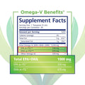 The PRN Omega-V Benefits Liquid (5 oz) Vegan Formula by PRN - Physician Recommended Nutriceuticals features a nutritional facts label highlighting algae oil, 1,220 mg total Omega-3s, and 1,000 mg of EPA and DHA for enhanced eye health.