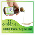 A hand pours PRN Omega-V Benefits Liquid from a bottle labeled Vegan Formula onto a spoon. The text highlights eye health benefits, showcasing omega-3s derived from algae, not fish, against a soothing green and white background.