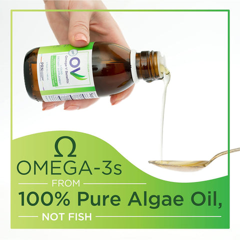 A hand pours PRN Omega-V Benefits Liquid from a bottle labeled Vegan Formula onto a spoon. The text highlights eye health benefits, showcasing omega-3s derived from algae, not fish, against a soothing green and white background.