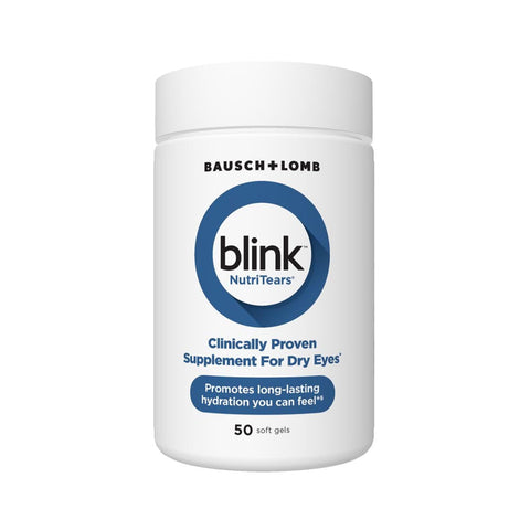 A Bausch + Lomb Blink NutriTears supplement bottle for dry eyes is a clinically proven product promoting long-lasting hydration you can feel with 50 softgels that enhance tear production.