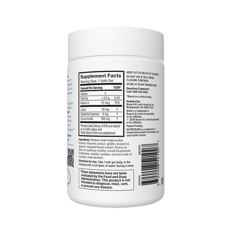 The Blink NutriTears supplement for Dry Eyes by Bausch + Lomb features a white bottle with ingredients and facts, highlighting total fat, lutein, and zeaxanthin isomers. Its designed to support tear production with instructions and safety warnings on the side. Contains 50 softgels for a 2-month supply.