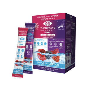 The Bruder Dry Eye Drink™ Complete Set in mixed berries offers eye health with its electrolyte-vitamin blend. Featuring sachets with vibrant berries emphasizing Hyper-Hydration, this sugar-free formula provides dry eye relief, boasting low lactose and sodium content.
