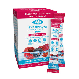 Box of Dry Eye Drink™ Daytime by Bruder, in mixed berries flavor. This sugar-free formula offers dry eye relief, combining electrolyte hydration with vitamins C and E, green tea, curcumin extract, and DHA for eye health. Contains 20 packets.