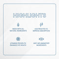 The Highlights graphic features a leaf for natural ingredients, lightning bolts for electrolytes, an eye for vision-boosting vitamins, and an eye with a line for anti-inflammatory elements—perfect components of Bruders Dry Eye Drink™ Complete Set (20 Packets) offering dry eye relief.