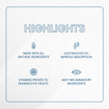 The Highlights graphic for Bruders Dry Eye Drink™ Complete Set features: Made with all natural ingredients, Electrolytes to improve absorption, Vitamins proven to enhance eye health, and Anti-inflammatory ingredients. Perfect for those seeking dry eye relief.