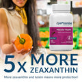 Someone holds an orange bell pepper next to a bottle of EyePromise® Macular Health, highlighting 5x More Zeaxanthin for enhanced protection. This zinc-free vitamin supports age-related eye health with lutein, Omega-3s, and Vitamin D.
