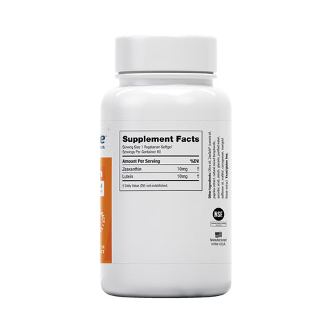 The white bottle of EyePromise Zeaxanthin + Lutein Eye Vitamin - 60 Softgels by EyePromise features a nutritional label showing 10mg each of Zeaxanthin and Lutein per serving, NSF certification, and Manufactured in the U.S.A.