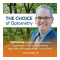 A person in glasses and a suit smiles in front of green trees. Text reads: THE CHOICE of Optometry featuring Todd Nobbe, OD, endorsing EyePromise Zeaxanthin + Lutein Eye Vitamin for its eye health benefits.