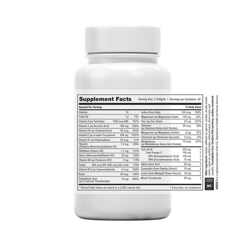 The EyePromise Macular Health Complete AREDS 2 Multivitamin (60ct) bottle includes a detailed supplement facts label with vitamins, minerals, and nutrients. Featuring zeaxanthin, it supports macular health and vision with clear daily value percentages.
