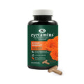 A bottle of Eyetamins Vision Support - Lutein, Zeaxanthin AREDs Macular Support contains 60 capsules. The label features orange marigold flowers and highlights vision health benefits, with ingredients such as Zeaxanthin. It offers 3 times the active compounds of similar products. Two capsules are placed in front.
