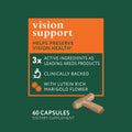 A green background with an orange section features the text: Eyetamins Vision Support, Helps Preserve Vision Health*, 3x Active Ingredients as Leading AREDS Products, Clinically Backed, With Lutein and Zeaxanthin from Rich Marigold Flower. Image of Eyetamins capsules. 60 Capsules Dietary Supplement.