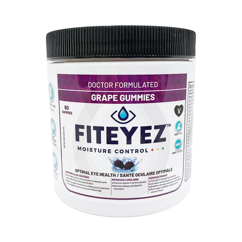 A white jar of FitEyez Eye Fitness Gummies, a doctor-formulated, vegan multivitamin with Astareal® Astaxanthin for eye moisture control and dry eye protection. Contains grape-flavored gummies, offering a 1-2 month supply of 60 servings.