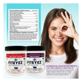 A smiling woman points to her eye next to two jars of FitEyez Eye Fitness Gummies, lauded for benefits like macular protection and improved night vision. The text highlights the gummies essential nutrients that promote overall eye fitness.