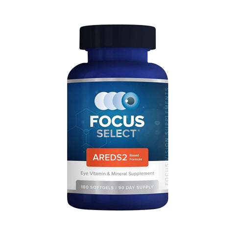A blue bottle of Focus Vitamins Focus Select Supplement features an AREDS2 formula for macular health, specifically designed to support Age-Related Macular Degeneration (AMD). The label indicates it contains 180 softgels, offering a 90-day supply. The background showcases hexagonal patterns.