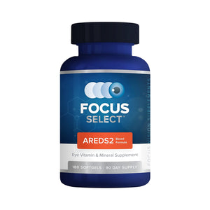 A blue bottle of Focus Vitamins Focus Select Supplement features an AREDS2 formula for macular health, specifically designed to support Age-Related Macular Degeneration (AMD). The label indicates it contains 180 softgels, offering a 90-day supply. The background showcases hexagonal patterns.