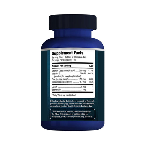 The Focus Select Supplement by Focus Vitamins, available in a blue bottle with a white label, contains vitamins C, D, E, Zinc, and Copper. Its AREDS2-based formula supports macular health but is not FDA-approved to diagnose or treat Age-Related Macular Degeneration (AMD).
