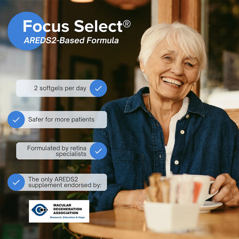 An elderly woman with short white hair smiles at a table. Text highlights the benefits of Focus Select Supplement - AREDS2 formula for Macular Degeneration (180ct. 90 Day Supply) by Focus Vitamins, emphasizing dosage and safety. Formulated by retina specialists, its endorsed for macular health by the Macular Degeneration Association.