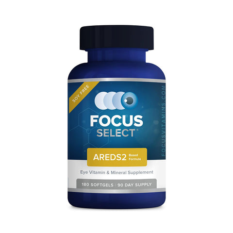 Dark blue Focus Select Soy Free Supplement bottle by Focus Vitamins with AREDS2 formula for macular support. The eye vitamin contains 180 softgels for a 90-day supply, featuring Soy-Free in a yellow triangle on the label.