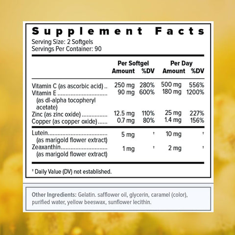 The Focus Select Soy Free Supplement by Focus Vitamins features an AREDS2-based formula for macular health. It includes serving size, vitamin C, E, zinc, copper, lutein, and zeaxanthin with daily values. This soy-free blend has gelatin and safflower oil.