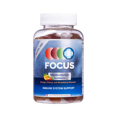 The Focus Multivitamin Gummies by Focus Vitamins feature a label with colorful circles and a medical cross, offering orange, cherry, and strawberry flavors. They highlight Immune System Support and boost energy while being gluten-free. Each bottle provides 90 gummies for a 45-day supply.
