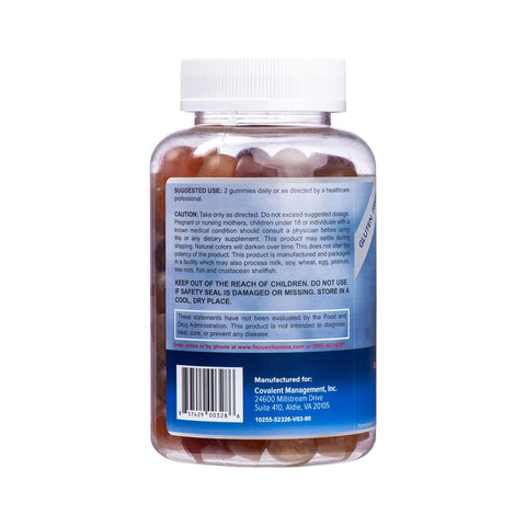 A clear Focus Vitamins white-capped plastic bottle of Focus Multivitamin Gummies is shown, featuring the back label with dosage instructions, cautionary notes, and manufacturer info. It contains red gummies to support energy and immune health; (90 Ct, 45 Day Supply).