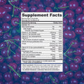 The Focus Multivitamin Gummies supplement facts label, placed over cherries, shows nutritional details like vitamins, folate, biotin, and zinc for energy support. Ingredients and allergen warnings are listed at the bottom. From Focus Vitamins; 90 gummies for a 45-day supply.