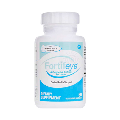 A white Fortifeye bottle labeled Advanced Retina Formula with blue accents indicates Ocular Health Support for macular degeneration prevention. It contains 60 vegetarian capsules and states Dietary Supplement and The Professionals Formula - AREDS2 Inspired.