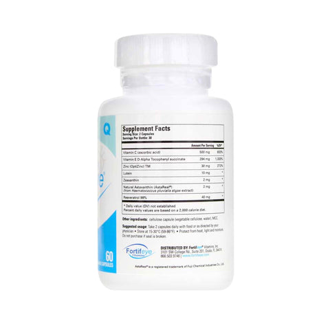 A white Fortifeye Advanced Retina Formula bottle with a clear cap shows the Supplement Facts. Ingredients such as Vitamin C, Vitamin E, Zinc, and Lutein support macular degeneration in accordance with AREDS2 guidelines. Includes 60 capsules.