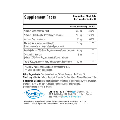 The image shows the supplement facts for Fortifeye Advanced Retina Formula by Fortifeye, based on AREDS2. It includes Vitamin C, Vitamin E, Zinc, Zeaxanthin, Lutein, and more. The label provides serving size, daily values, and distributor details.