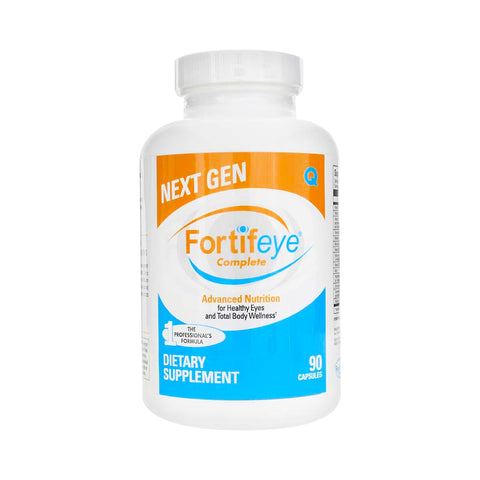 The Fortifeye Next Gen Complete (90ct - 3 Month Supply) bottle, in white, features Advanced Nutrition for Healthy Eyes and Total Body Wellness, highlighting eye health.